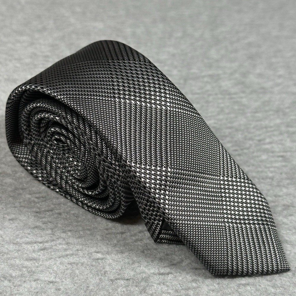 H&M Black Gray Plaid Houndstooth Polyester Men's Neck Tie Slim Modern Style 60x2